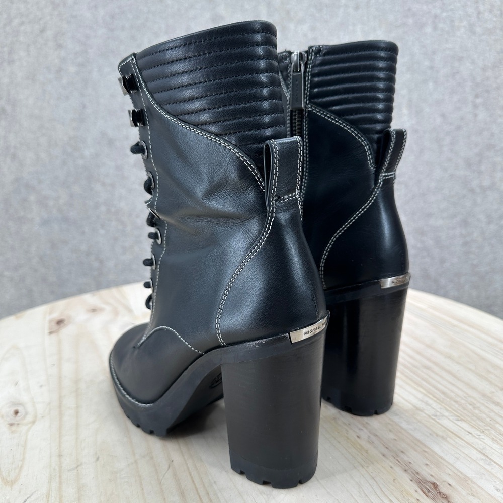 Michael Kors Bastisan Combat Boots 6.5 Black Leather Studded Lace Block Heel Lug - Picture 4 of 16